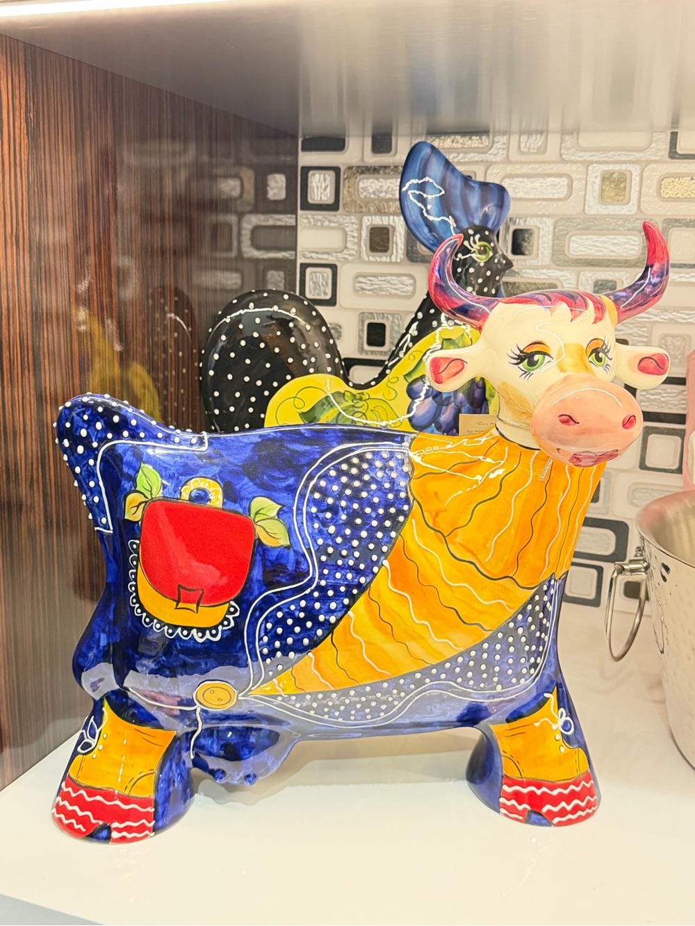 Hand-Painted Ceramic Cow Figurine - Blue & Yellow